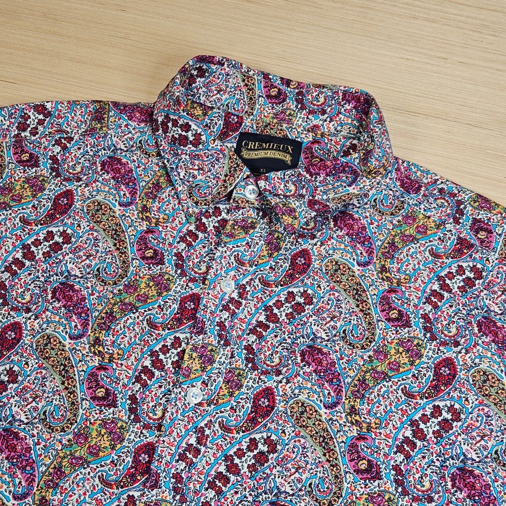 Cremieux Paisley Premium Denim Button Down Mens XL Multicolor Short Sleeve Shirt